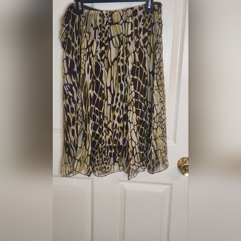Bob Mackie Studio 14 Green Brown 100% SILK Lined Animal Print Women's Skirt